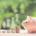 Money coins stack growing graph and piggy bank nature background